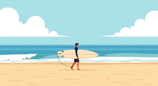 Surfer walking on a sandy beach with a surfboard vector illustration