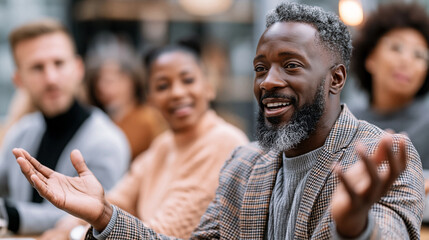 Obraz premium Engaging discussion led by a black businessman at a vibrant workshop setting