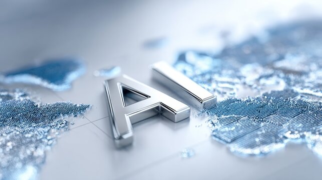 Metallic AI letters on world map background representing global artificial intelligence technology