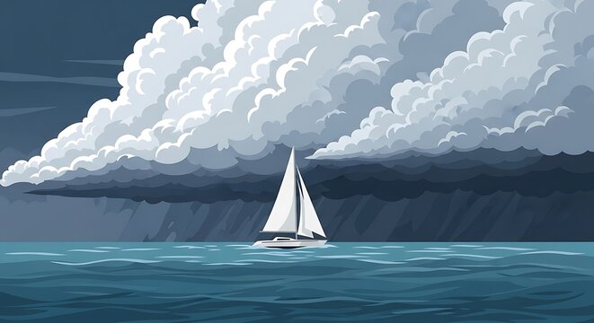 White sailboat on calm ocean under dramatic dark storm clouds