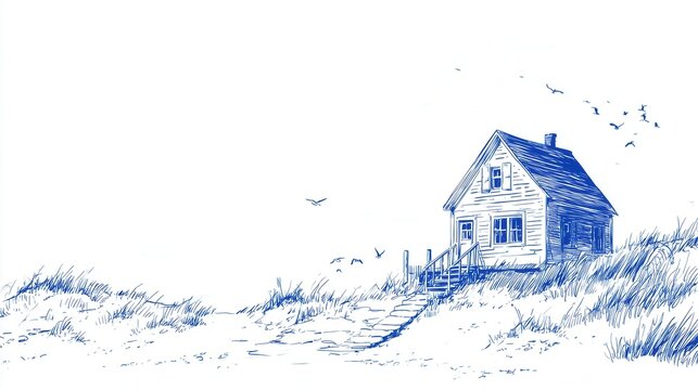 Simple line drawing of an old beach house with flying seagulls.