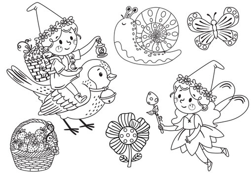 Cute Fairy Garden Clipart Set | Whimsical Spring Fairy Vector Bundle | Kawaii Nature Coloring Pages & Stickers