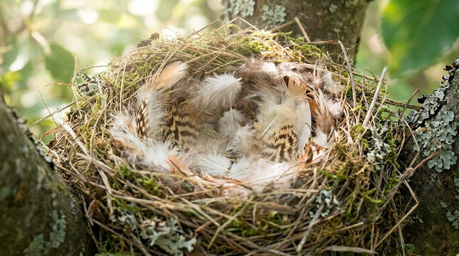 Baby bird nestled in moss-covered nest on tree branch in natural habitat