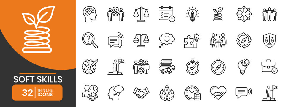 Communication And Leadership Soft Skills Thin Line Icons