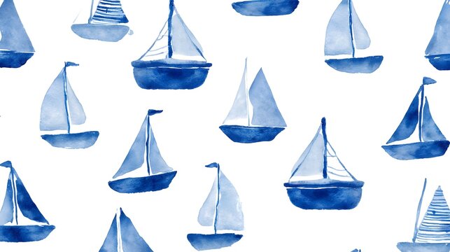watercolor nautical illustration pattern with navy sailboats. Simple hand-painted yacht illustration for nursery wallpaper and kids fabric design.