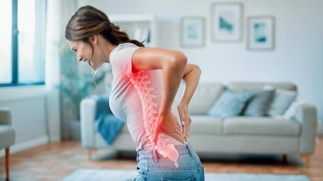 Young woman experiencing lower back pain with highlighted spine illustration in bright living room