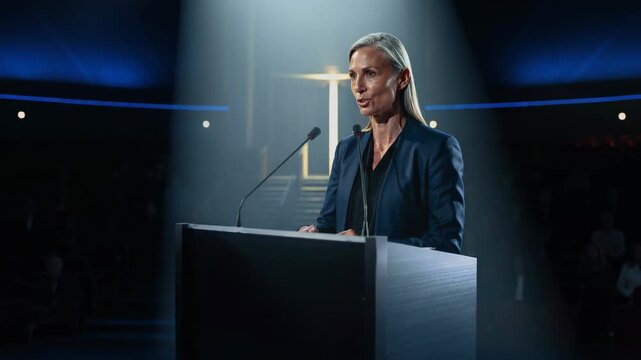 Confident mature businesswoman delivering speech at conference podium in professional setting