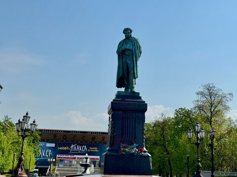 Russia, Moscow May 7, 2026 Pushkin monument on a warm spring day. High quality photo