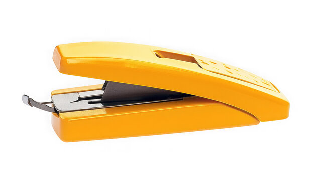 Yellow office stapler isolated on white background