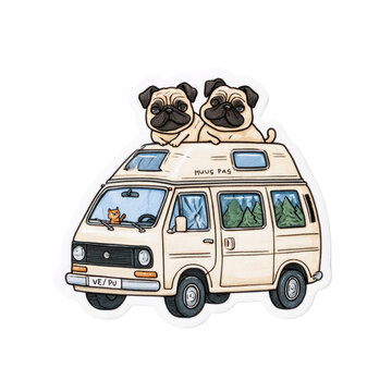 Cartoon Volkswagen van driving with pugs on roof through landscape