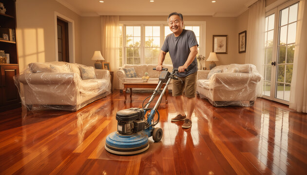 Smiling older man using an electric floor buffer machine to polish a shiny hardwood floor in a living room with furniture covered in plastic during a home renovation project