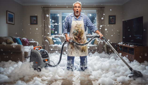 Shocked mature man standing in living room overflowing with soap foam after a vacuum cleaner accident or washing machine fail home maintenance disaster and funny cleaning mishap