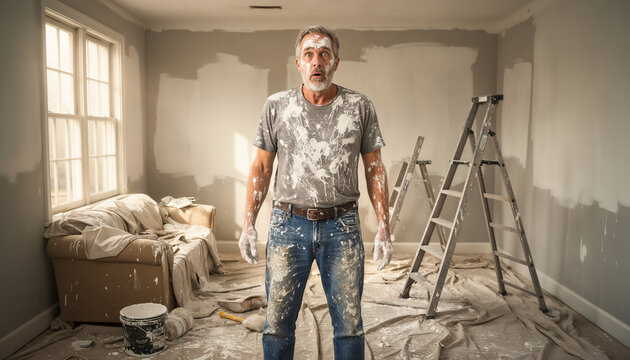 Exhausted shocked man completely covered in white paint splatters standing in a room during home renovation with ladder and drop cloths in background diy painting fail concept