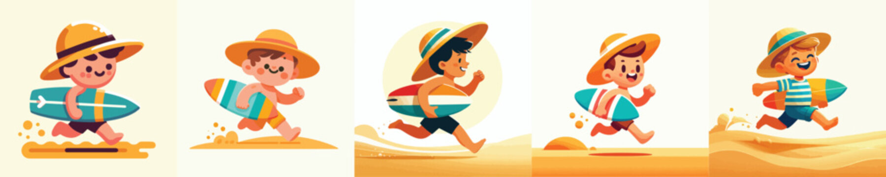 vector of a little boy running with a surfboard on a summer beach