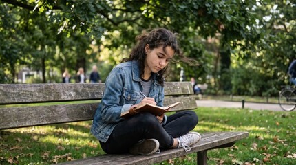 Fototapeta premium Focused teenage girl sits cross legged on park bench writing in notebook, wearing denim jacket and sneakers under green trees, peaceful autumnal mood