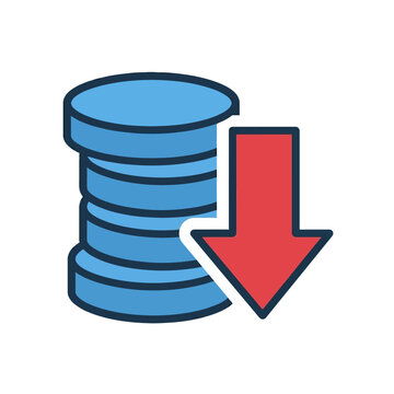 A flat vector icon of stacked coins with downward price arrow