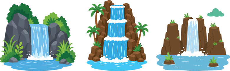waterfall, cartoon waterfall, nature landscape, waterfall vector, river scenery, cascade, flowing water, nature illustration, waterfall clipart, landscape vector, tropical waterfall,  © Nadira Designer 