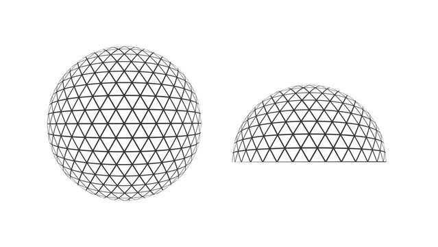 Wireframe Geodesic Sphere And Dome Structure Isolated Diagrams Forms. Striped 3D geometry globe wireframe vector illustration set. Half Dome Structure Wireframe design.