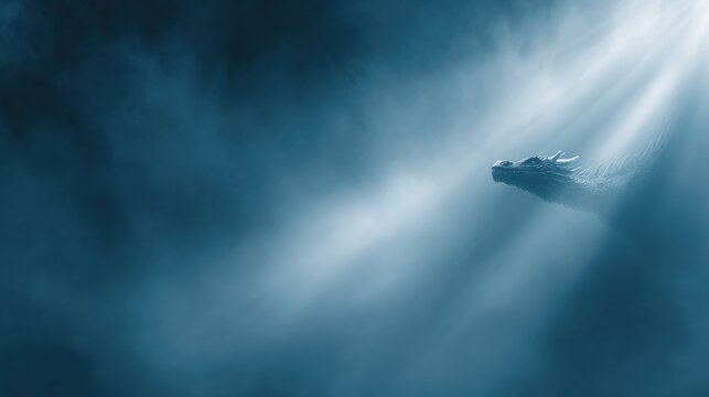 Mythical sea dragon silhouette swimming through deep ocean haze with dramatic sunbeams