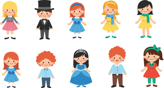 Adorable Cartoon Children Set with Different Hairstyles, Dresses, and Outfits for Kids' Fashion, Party, and Character Designs