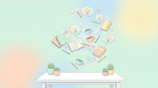 Floating stationery and notes above a desk with creative planning theme