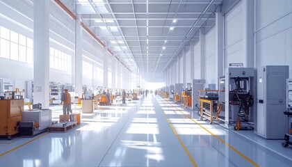 Spacious Modern Factory Interior with Natural Light and Equipment.