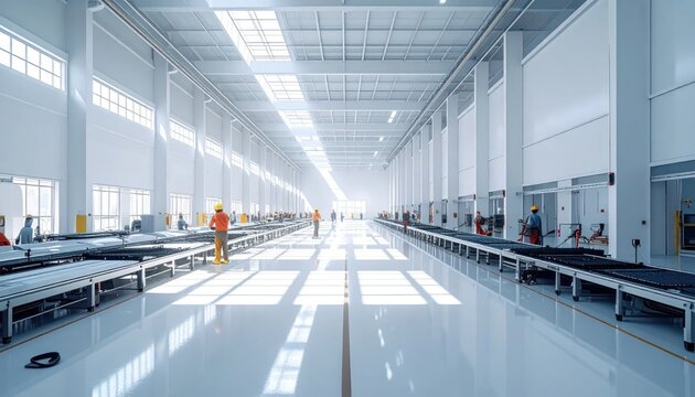 Spacious Modern Factory Interior with Natural Light and Assembly Lines.