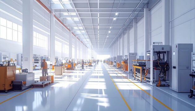Spacious Modern Factory Interior with Natural Light and Equipment.