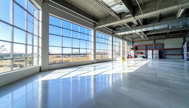 Spacious Modern Industrial Warehouse with Large Windows and Natural Light.