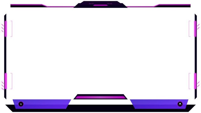 Purple and black gaming overlay frame for live streaming and video editing featuring futuristic hud elements on a white background