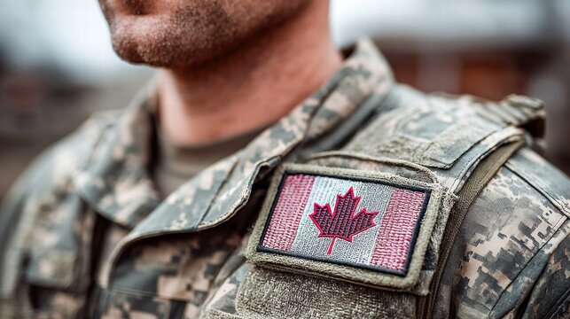 Canadian soldier in uniform with the Canadian flag patch on his shoulder.