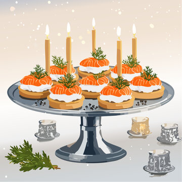 Festlich angerichtete Lachs-Canap&eacute;s mit Frischk&auml;se, Dill und Kaviar