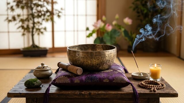 Tibetan singing bowl with incense and mala beads in serene setting, meditation
