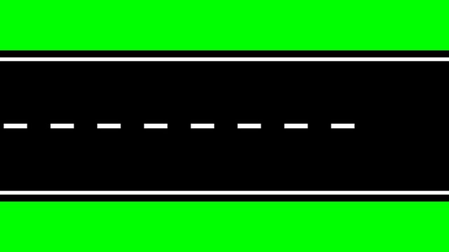 Animation of a two lane asphalt road moving horizontally with white dashed lines on a green screen background for video editing and compositing