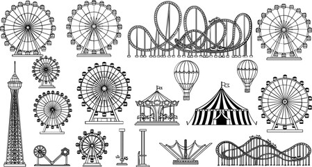 Amusement Park Vector Icon Set with Ferris Wheels, Roller Coasters, Hot Air Balloons, Circus Tents, and Funfair Rides for Digital Media and Websites © Mst