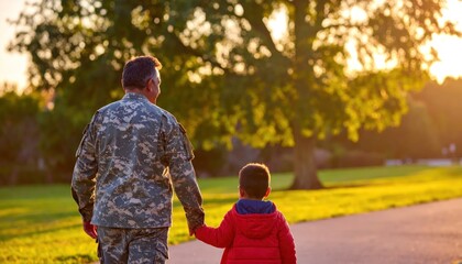 Obraz premium Soldier Father and Son Walking Together in Park at Sunset.