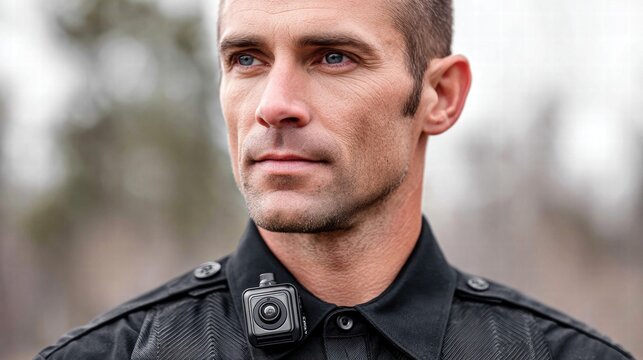 A focused police officer wearing a body camera, looking off into the distance.
