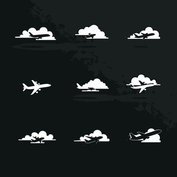Airplane flying through white clouds.