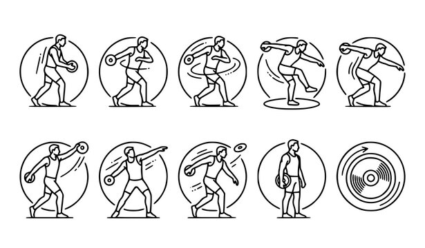 Minimal Discus Throw Line Art Vector Icons with Athletic Sports Motion Designs