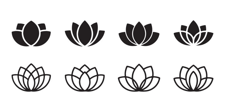 Set of eight lotus flower icons in black and white isolated on transparent background.