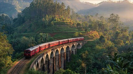 Fototapeta premium Iconic Sri Lanka Train Crossing Lush Green Nine Arch Bridge at Sunrise.