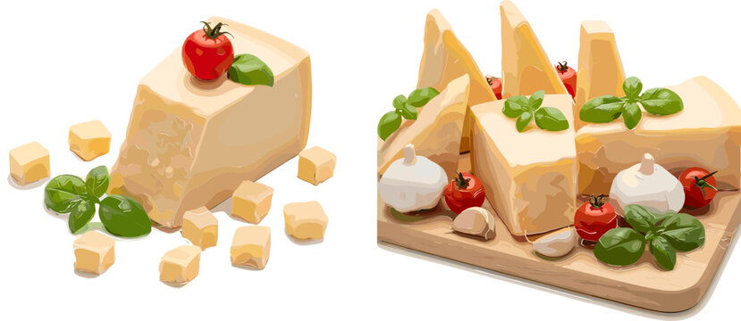 Cheese Block and Wedges Set with Fresh Basil, Tomatoes, and Garlic for Food, Cooking, and Culinary Design Illustrations