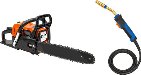 Naklejka premium Chainsaw and Welding Torch Set with Detailed Tools for Construction, DIY, and Industrial Equipment Illustration Designs