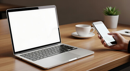 Fototapeta premium Laptop and smartphone on a wooden desk with coffee cup