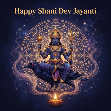 Golden shani dev deity seated on crow vahana with trident illuminated by diya celebrating jayanti