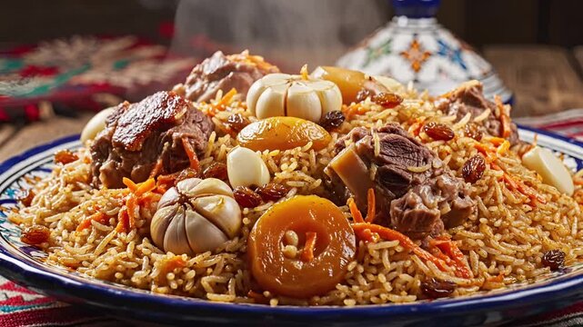 Delicious Central Asian Pilaf with Meat and Vegetables.