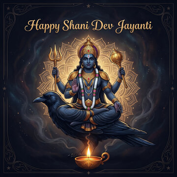 Golden shani dev deity seated on crow vahana with trident illuminated by diya celebrating jayanti