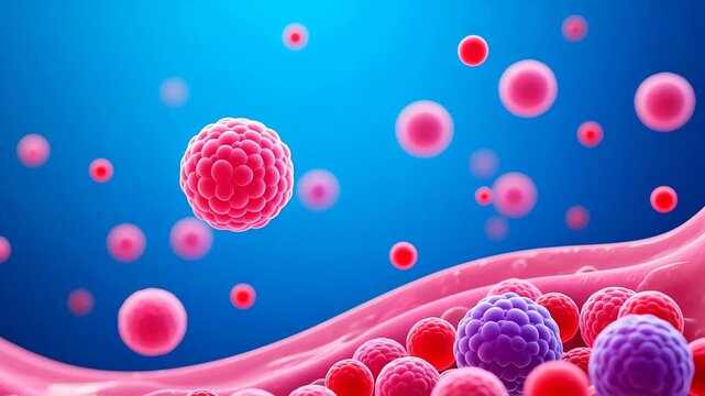 Microscopic view of pink and red cells