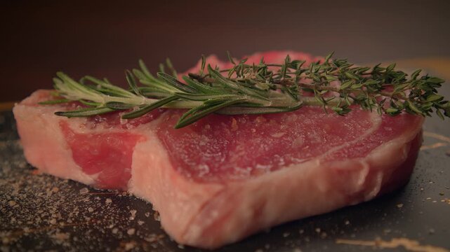 Fresh organic raw beef steak with rosemary food background