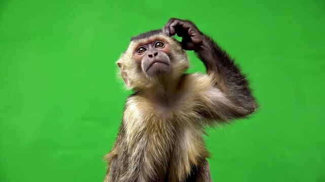 Curious Monkey Contemplating on Green Screen Background